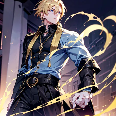 anime attractive man, 20 year old, blonde hair, very very short ponytail, tall, muscular, solo, one person, dark blue gold-accen...