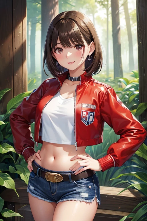 anegasaki nene、Shiny brown hair, short hair, (Beautiful brown eyes、Sparkling eyes, Fine grain)、smile、Ultra-detailed eyes、Very detailed顔, Very detailed目,



(((Contains SFW depictions))), (((software))), (Highest quality,4K,8k,High resolution,masterpiece:1.2),Very detailed,1 girl, alone, Stud Earrings, lipstick, Red jacket, Cropped jacket, Crop top, belt, Shorts, Hands on hips, abdomen, lipstick, belly button, blue Shorts, Cowboy Shot, short Shorts, Long sleeve,  1990s (style), retro artstyle, Open jacket, smile, Mouth closed, wood, forest, shrine