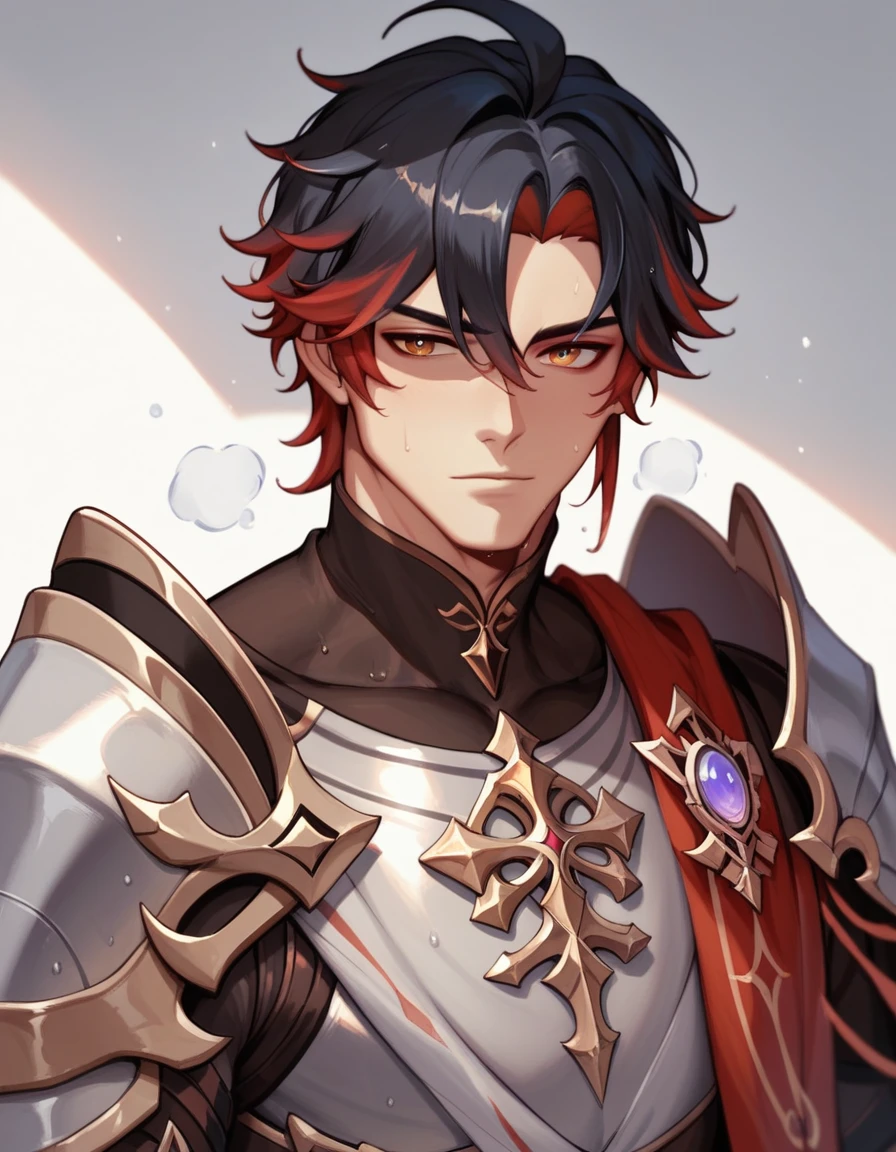 Human Male, Black haircut ,red highlights , Cold Clothing ,Genshin Impact Game Style , Black Knight armor 