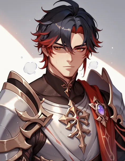 human male, black haircut ,red highlights , cold clothing ,genshin impact game style , black knight armor