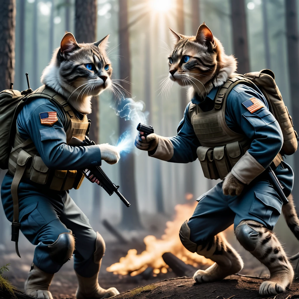 cinematic photo, realistic, modern battlefield cats versus humans, cats wearing modern combat camouflage uniforms, fighting on battlefield, guns, shots, fire, smoke, explosion, flying parts, film grain, 8k, uhd, insane detailed, award-winning photo, epic composition, movie poster,A tense face-off between two anthropomorphic cats, one blue (Khiev) with a fierce expression and the other white (Snouy) with a determined look. They stand in a dense forest with soft morning light filtering through the trees, their fur illuminated by the gentle sunrays. The atmosphere is filled with tension as they prepare to compete against each other.