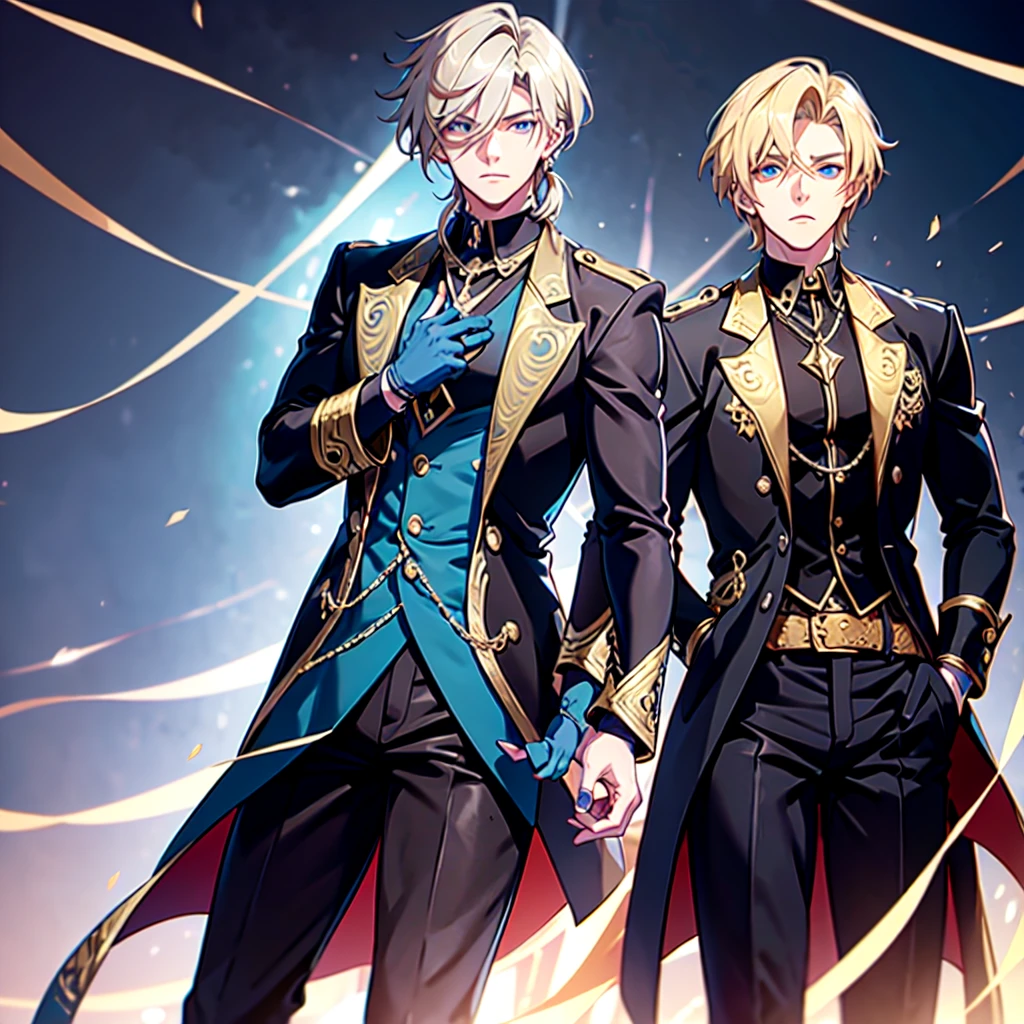 Anime attractive man, 20 year old, blonde hair, very very short ponytail, tall, muscular, solo, one person, dark blue gold-accented high-collared dress shirt with rolled up sleeves, black choker, dark blazer with gold lining and buttons unbuttoned with rolled up sleeves, long dark overcoat with a fur trim, rolled up sleeves, rolled up sleeves, rolled up sleeves, rolled up sleeves muscular, masculine face.