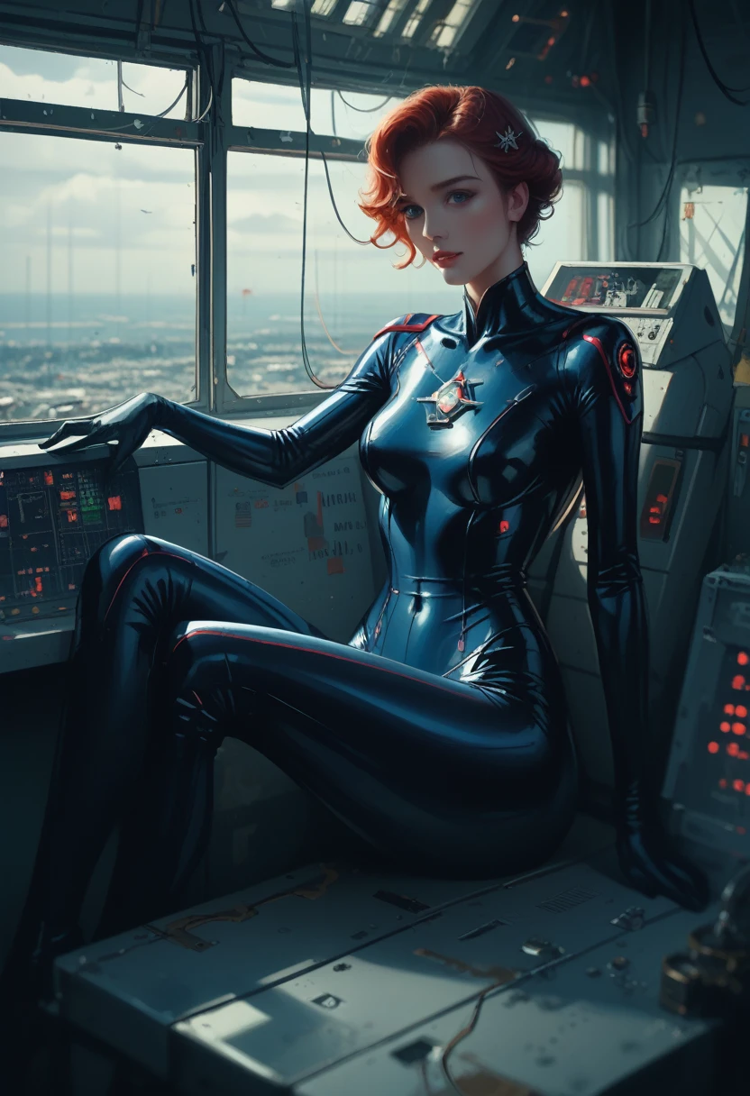 Absurd decision, a high resolution, (masterpiece: 1.4), hyperdetailing, 1 young woman, short red hair, pilot suit, rich princess, sitting in a very narrow and closed mech control room and looking out the window, window - cosmic universe, you can see the blue planet (1.5), The expression is excited, the control room of the mech is in the universe