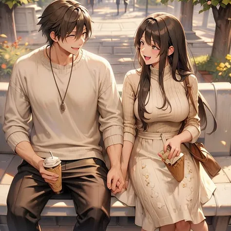 anime, a couple sitting on a park bench enjoying ice cream,  happy expression. they both fed each other and smiled widely.. good...