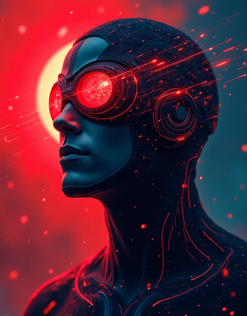 (Abstract art of Cyclops from X-Men:1.4), (futuristic visor with glowing red optics:1.4), (dynamic lines and shapes radiating from the visor:1.3), (bold red and blue contrasts with deep shadows:1.4), (abstract patterns representing optic blasts and energy:1.4), (fluid, geometric forms indicating strength and focus:1.3), (vibrant color gradients blending with dark undertones:1.4), (ethereal, glowing elements suggesting power and intensity:1.3), (sophisticated, modern aesthetic with a sense of movement:1.4)