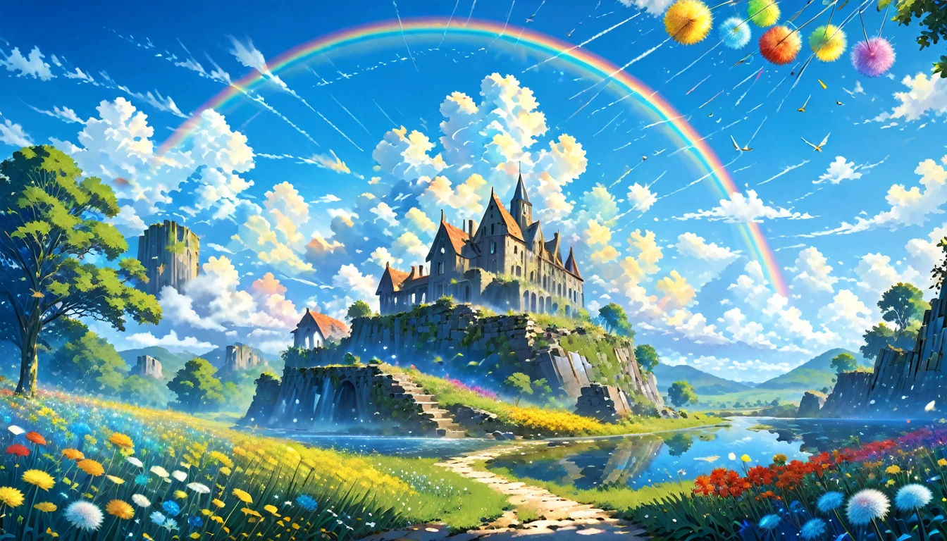 ((Amazingly absurd)),(masterpiece:1.2),超High resolution, Attention to detail, high quality, High resolution, 最high quality, 4K, 8k、very beautiful、landscape、landscape画、Endless blue sky、A rainbow appears、There is a group of ruins、Dandelion fluff flies up,rainbow