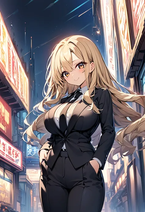 one girl　cute girls　anime style　anime face　anime style　beauty　big breasts　black pants suit　black colored shirt　black color tie　b...