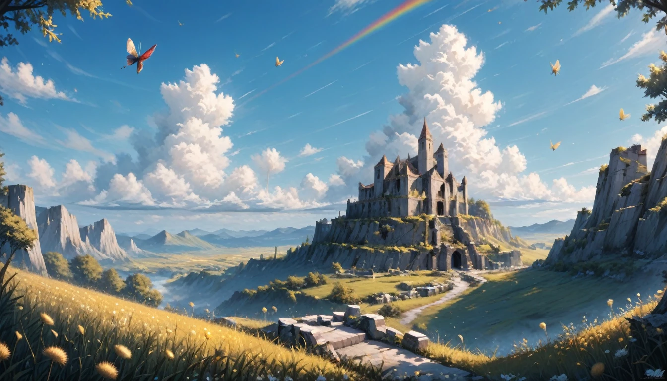 ((Amazingly absurd)),(masterpiece:1.2),超High resolution, Attention to detail, high quality, High resolution, 最high quality, 4K, 8k、very beautiful、landscape、landscape画、Endless blue sky、A rainbow appears、There is a group of ruins、Dandelion fluff flies up,rainbow