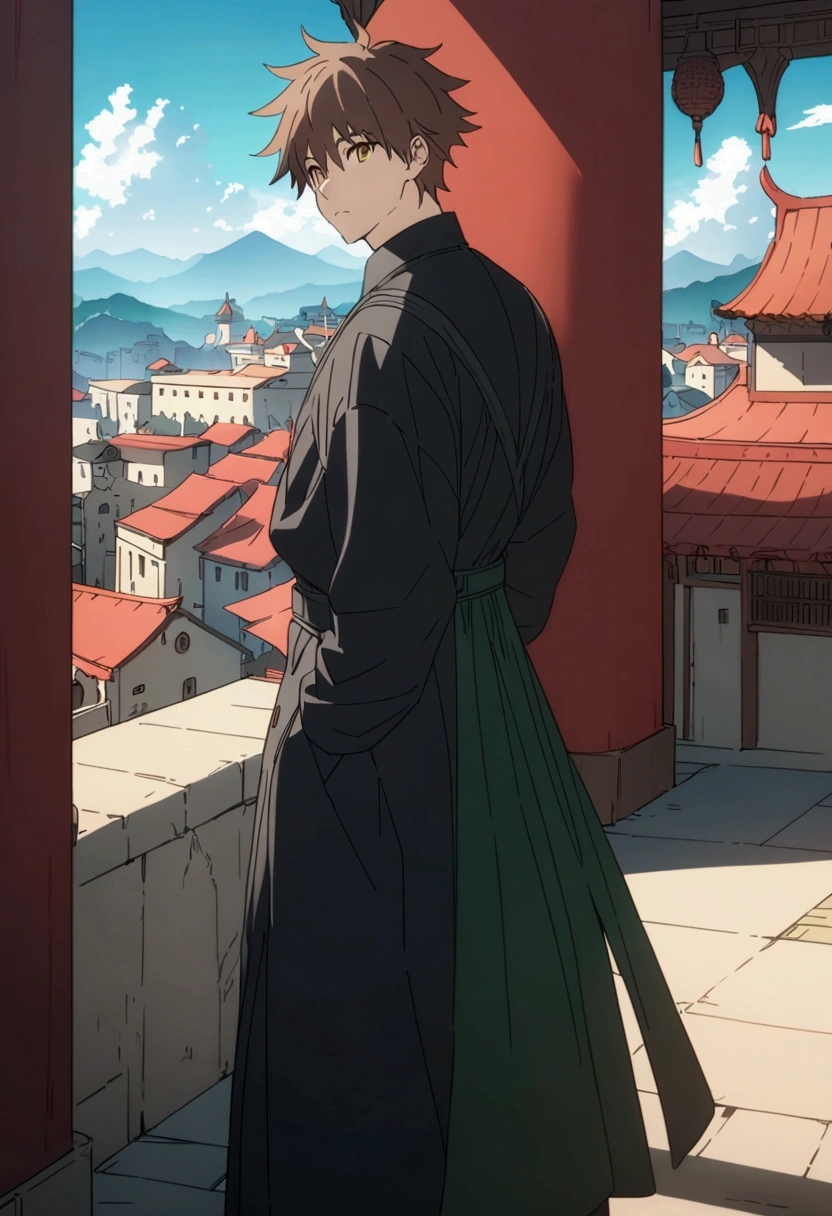 Masterpiece, High quality, High quality of art, best quality, best details, anime artstyle, 2d lineart, anime 2d lineart, best quality, best details, 2d,anime, dark brown hair, gray-green-brown eyes, gojo reference, 1boy, Black Clothing, Blunt jaw, Standing against the background of a blue sky on a red roof among the fantasy city, Red roofs of buildings, mountains far from the city