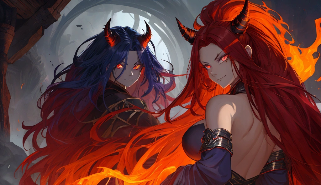 a female demon with midnight blue skin and glowing amber eyes. Her hair is a wild mane of fiery red, cascading down her back. She wears a flowing, dark robe that seems to be woven from shadows, with silver runes that shimmer in the darkness. Her presence is both intimidating and captivating, with a sly smile that hints at her cunning nature.
