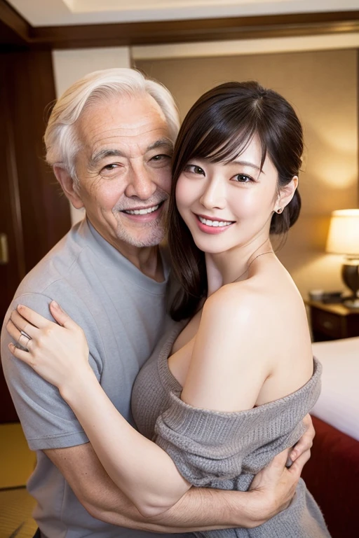 masterpiece、Photo quality、Japanese mature woman and old man couple、Women are business women、Updo、smile、bangs、Droopy eyes、sexy、Beautiful flesh-colored thighs、A luxury hotel room、Men have gray hair、Woman and man are hugging each other、A man touches a woman&#39;s breasts、kiss、Sex、caress、sexual behavior、