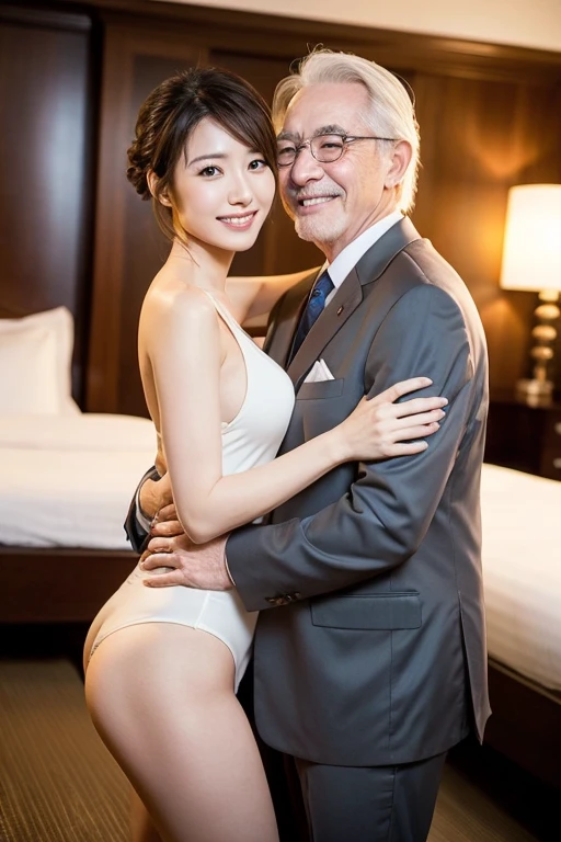 masterpiece、Photo quality、Japanese mature woman and old man couple、Women are business women、Updo、smile、bangs、Droopy eyes、sexy、Beautiful flesh-colored thighs、A luxury hotel room、Men have gray hair、Woman and man are hugging each other、A man touches a woman&#39;s breasts、kiss、Sex、caress、sexual behavior、