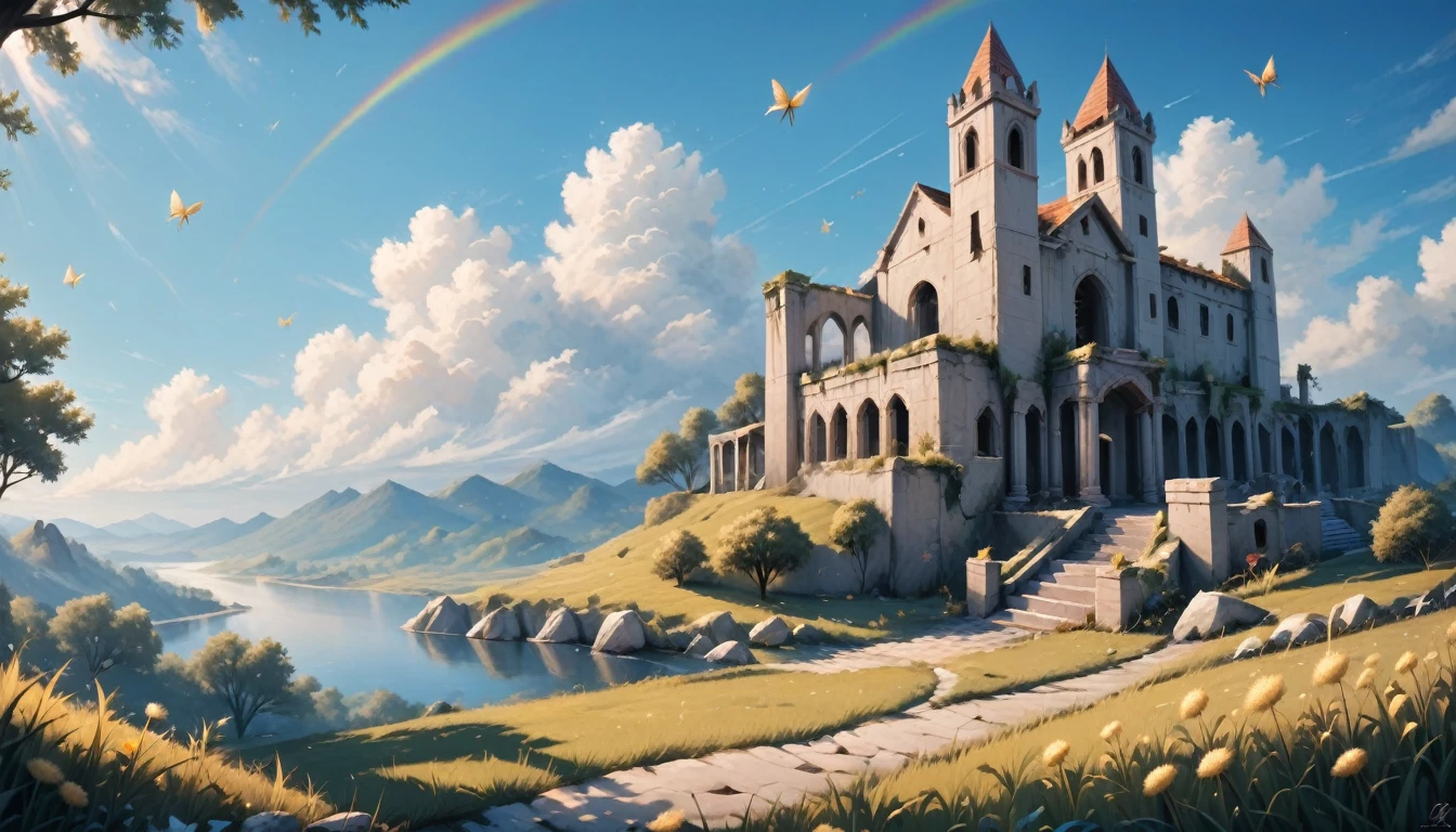 ((Amazingly absurd)),(masterpiece:1.2),超High resolution, Attention to detail, high quality, High resolution, 最high quality, 4K, 8k、very beautiful、landscape、landscape画、Endless blue sky、A rainbow appears、There is a group of ruins、Dandelion fluff flies up,rainbow