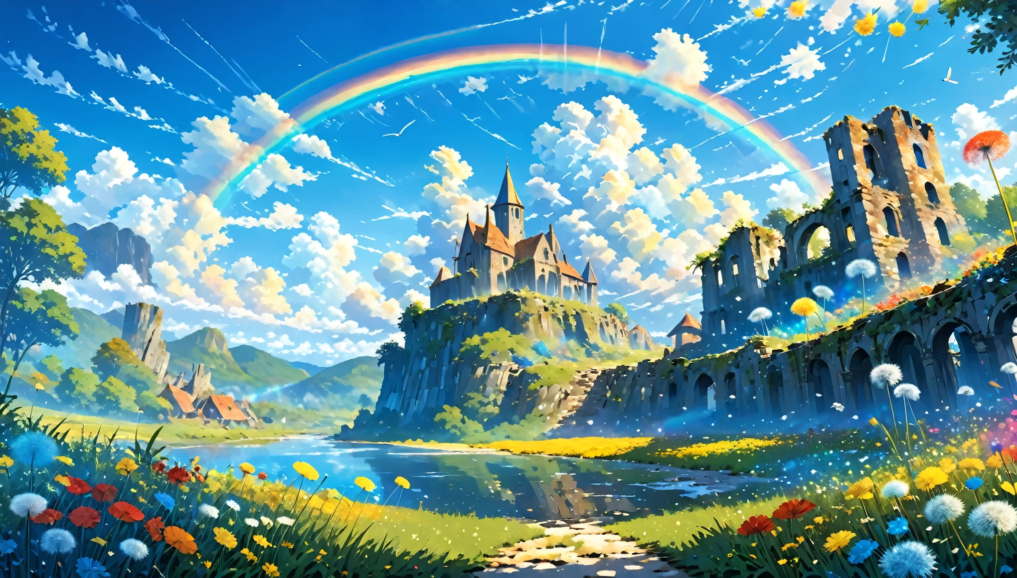 ((Amazingly absurd)),(masterpiece:1.2),超High resolution, Attention to detail, high quality, High resolution, 最high quality, 4K, 8k、very beautiful、landscape、landscape画、Endless blue sky、A rainbow appears、There is a group of ruins、Dandelion fluff flies up,rainbow