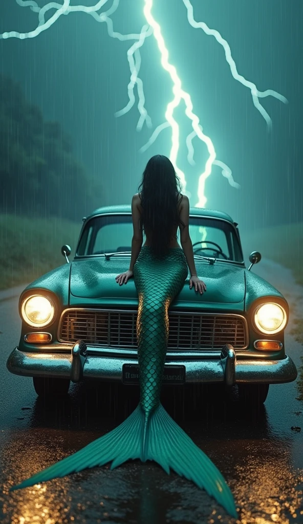 In shockwave, mermaid, Siren Singing Sitting on the front of a classic car、Has a lower body that connects from the abdomen of a human female to the fin of a fishtail、lot of lightning, raining, storm, 