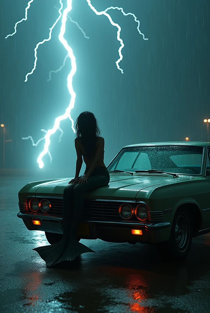 In shockwave, mermaid, Siren Singing Sitting on the front of a classic car、car is braked, Has a lower body that connects from the abdomen of a human female to the fin of a fishtail、flash red eyes, lot of lightning, raining, storm, 