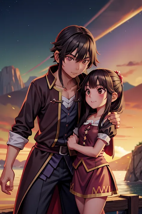 megumin, the great magician and his daughter esmeralda, the great magician&#39;s apprentice (she has brunette hair and dark gree...