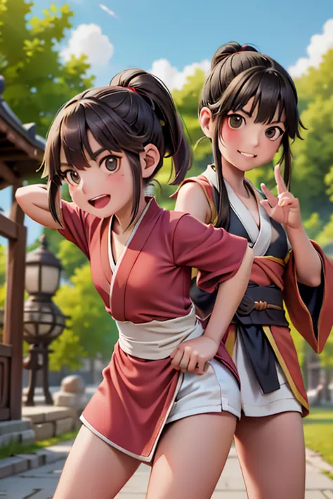 megumin: the great mage and his daughter esmeralda，she has brunette hair and dark green eyes.，cute kimono，cute loincloth，medieva...