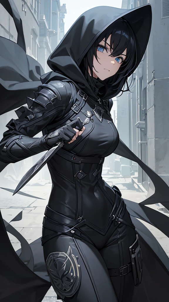 (masterpiece, 4K ,Super detailed:1.2), (anime:1), (Perfect quality), (((Adult body))), ((Combat Ready)), Looking at the viewer, Fantasy, JRPG Characters, Wearing a hood, assassin, The whole body is shown, Holding a knife, A look of contempt, aggressive, Dressed in black, Black Hair, Short Hair, Blue Eyes, Bangs