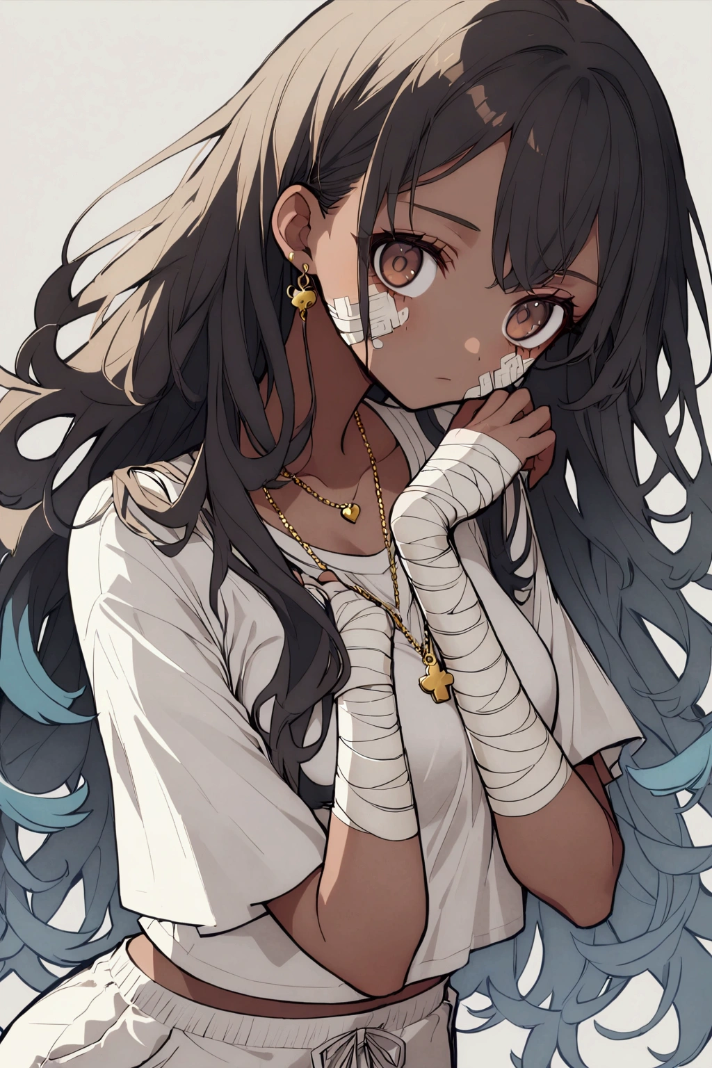 1girl, brown eyes, black hair with blue fade, blue strands in the hair, long hair, skinny waist, medium breasts, tan skin, a gold charm necklace, monotone, young girl, teenager girl, brown skin, pale, wearing a white shirt with a gray sweatpants, bandages on her arms, bandages on her face,