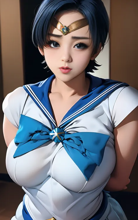 beauty、very cute face、outstanding proportions、best image quality、masterpiece、8k、soft look、upper body only、(sailor mercury、every ...