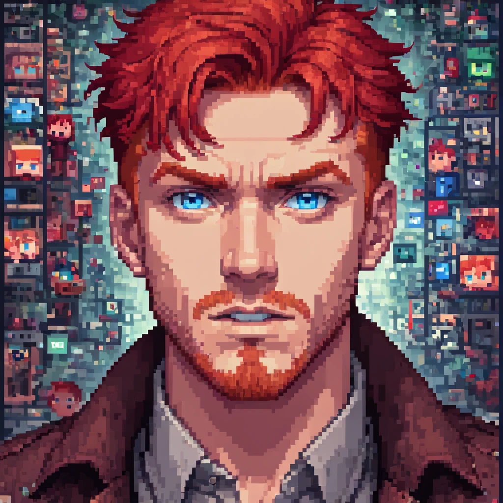 Pixel font, naughty man, 20 year, Red-Haired, blue colored eyes, serious