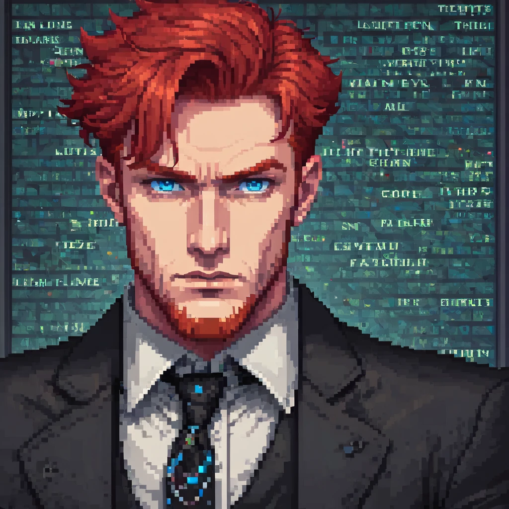 Pixel font, naughty man, 20 year, Red-Haired, blue colored eyes, serious, bank background 