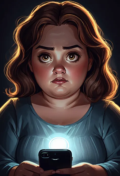 create a disney style sketch drawing of a ssbbw woman in the dark with her face illuminated by the light from her cell phone she...