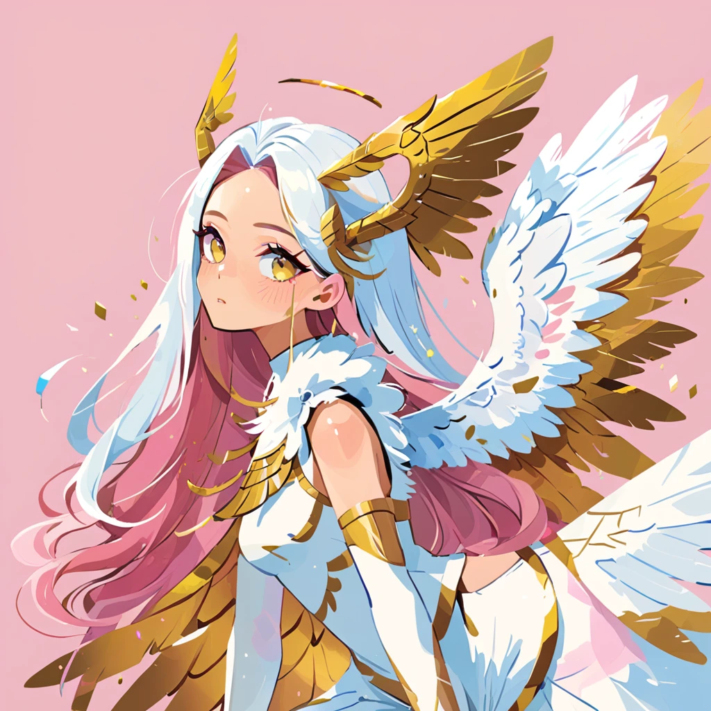 J_illustration, angewomon with white pink and gold color palette 