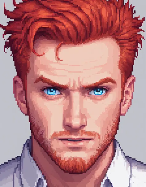 pixel art, naughty man, 20 year, red-haired, blue colored eyes, white background, portraite