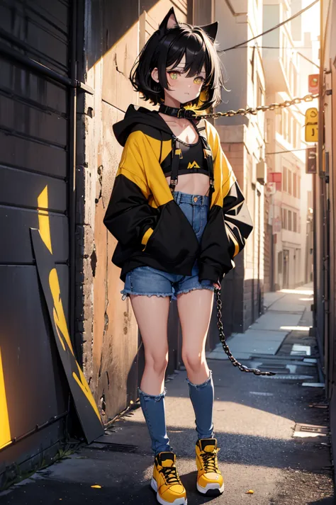 femboy, (flat chest:1.2), colorful highlights, jeans, hoodie, straps on arms, short messy black hair, light amber eyes, [cat ear...