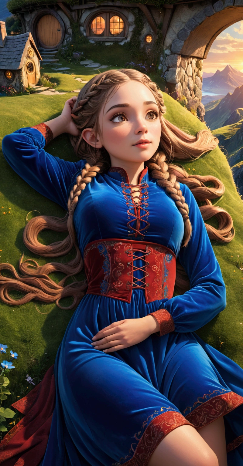 A beautiful racially ambigious woman laying on her back. pretty, hyper detailed face. Cute blue velvet dress with red filigree and trim. Long braids. Official Art – An Award-Winning Digital Masterpiece In 4K Ultra HD, Extreme Detail And Intricate Realism. Symmetrical Face. This Concept Art Brought To Life By The Hands Of Artists Like Wlop & Artgerm In A Stunning 2D Vector Illustration. Background Is A Panoramic Vista of a Psychedelic Fantasy Sunset Hobbit house buldt on the side of a mountain, Landscape, Hyperdetailed, Enchanting, High Resolution, Uplighting, 16k Resolution, Fantasy, Vibrant Colors, Intricate Details, Ethereal Lighting, Artwork By Jim Mahfood
