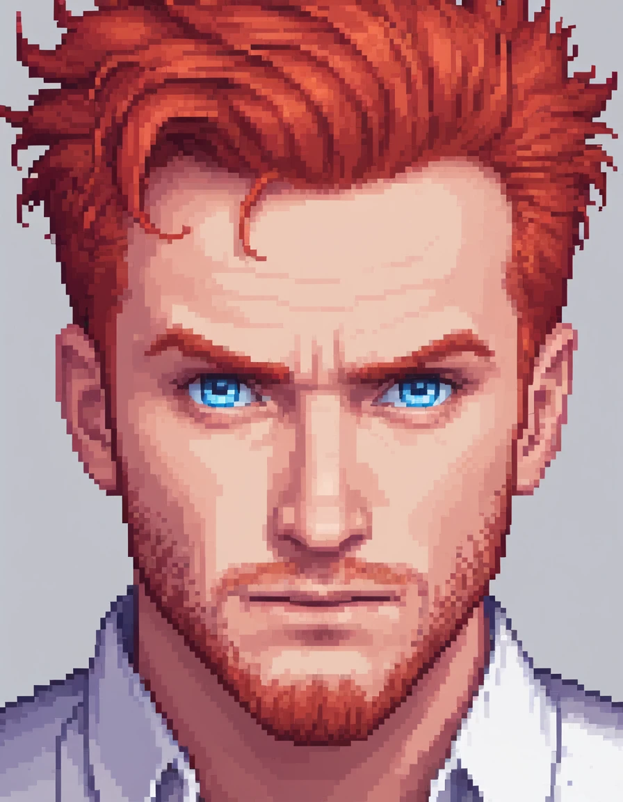 pixel art, naughty man, 20 year, Red-Haired, blue colored eyes, white background, portraite, bearded, big hair