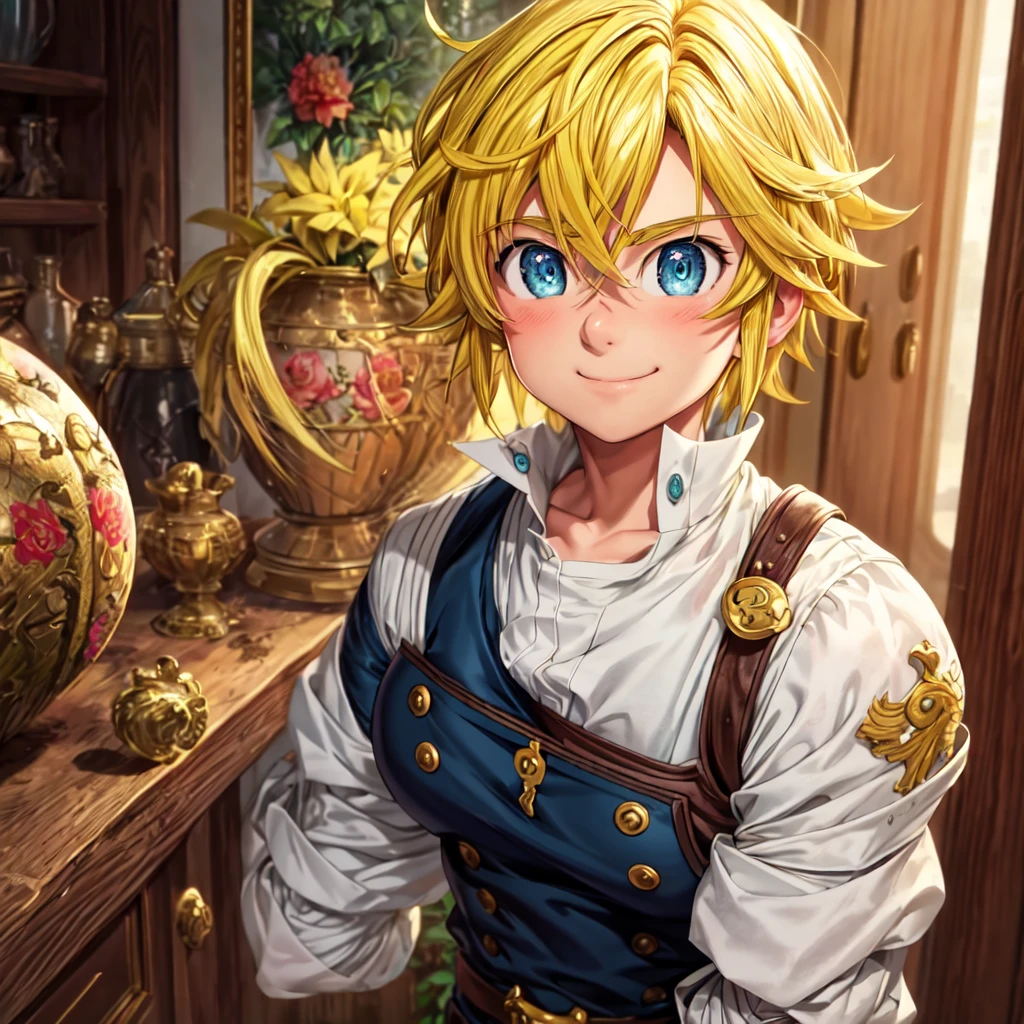 masterpiece, best quality, ultra-detailed, illustration, 1boy, solo, male focus, looking at viewer, upper body, , meliodas_nanatsu_no_taizai, blonde hair, blu eyes, jacketBlue eyes, Blonde Hair, without a shirtBlush, Smile, 