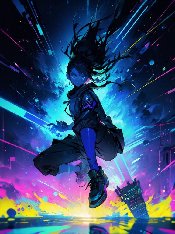 A glitchscape image of a meditative hacker in ZenPunk style, featuring electric blue and neon green serene anarchy,Horror