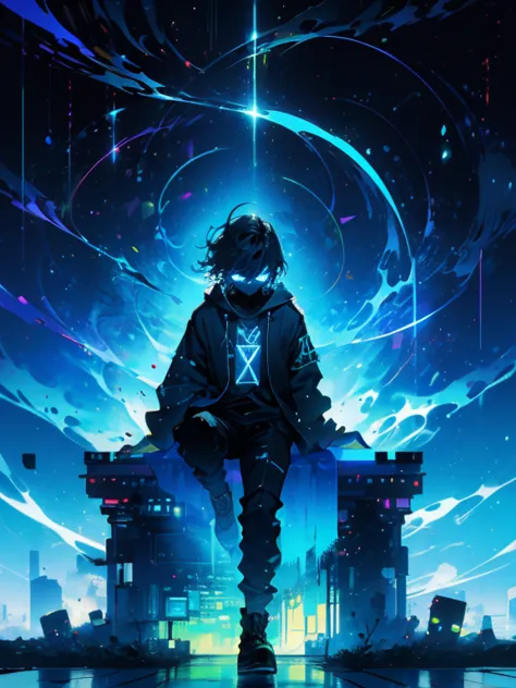 a glitchscape image of a meditative hacker in zenpunk style, featuring electric blue and neon green serene anarchy,horror