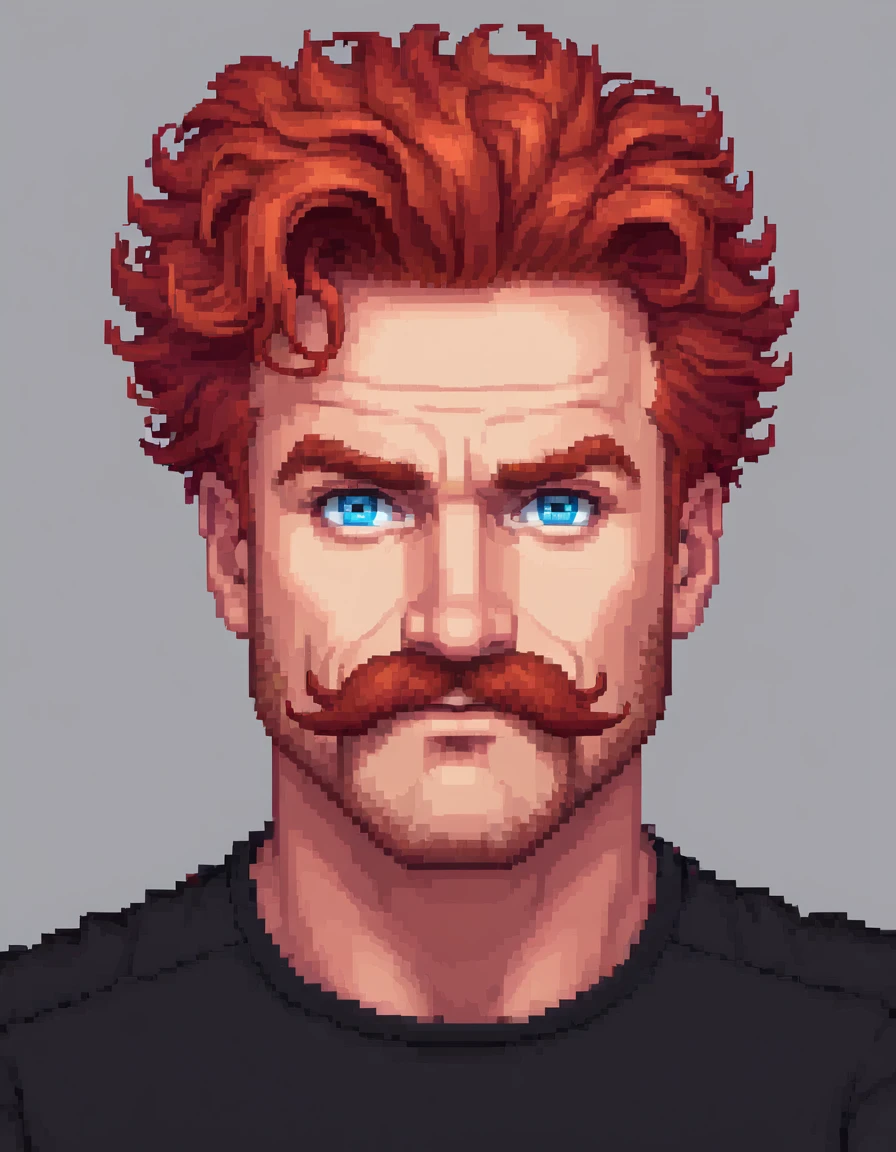 pixel art, naughty man, 20 year, Red-Haired, blue colored eyes, white background, portraite, Italian mustache , big hair, black tee 