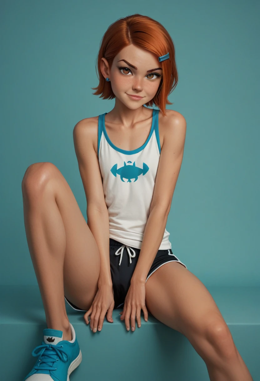 score_9, score_8_up, score_7_up,score_6_up, score_5_up, 1girl, looking at the viewer, gwen_tennyson, ben_10, 1girl, (((brown_eyes, black_hair))), small_body, flat chest, dolphin shorts, tank top, sitting legs apart, vagina toward viewer, dripping pussy juice from vagina, one raised eyebrow, rosey cheeks