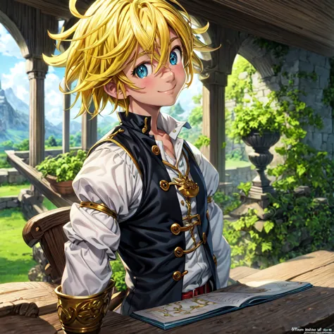 masterpiece, best quality, ultra-detailed, illustration, 1boy, solo, male focus, looking at viewer, upper body, , meliodas_nanat...