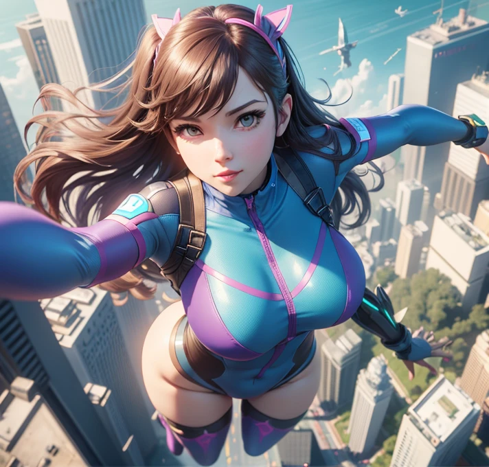 Dva from overwatch is flying over the city in her sexy skintight dvasuit. Although she only learned how to fly recently, she loves it and now spends most of her time in the air. She is atractive and sexy, she also has large breasts that help her fly. Now, she is flirtatiously showing off her power by levitating over the city. undefined, undefined, undefined, gently floating, levitation, flying