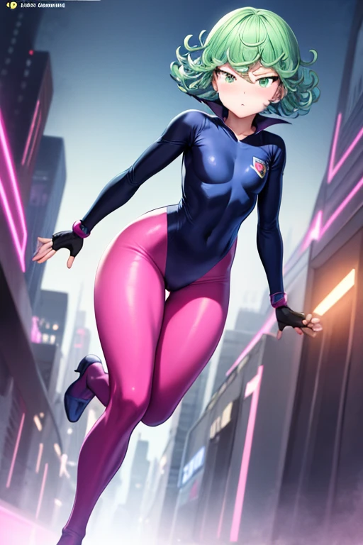 Masterpiece, best quality, ultra detailed, illustration, lighting epic, cinematic composition, 1 girl, Tatsumaki, short hair, green hair, very small breasts, green eyes, bright eyes, pouting, blushing, closed mouth, piercing gaze, full body, black collar, tall, slim, athletic, circles on her wrists, pink details, black fingerless gloves, pink wristbands, nanotech speedster suit that resembles light armor, blue chest with an emblem, blue chest, black suit with pink lines, pink speed emblem on her chest, pink emblem, blue pants, gray knee pads, metallic pink boots, white superhero belt, running through the city, pink light trail, laser, city background, anime
