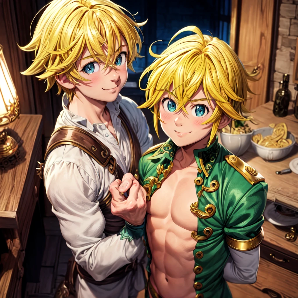 masterpiece, best quality, ultra-detailed, illustration, 1boy, solo, male focus, looking at viewer, upper body, , meliodas_nanatsu_no_taizai, blonde hair, blu eyes, jacketBlue eyes, Blonde Hair, without a shirtBlush, Smile, 