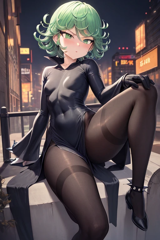 Masterpiece, best quality, ultra detailed, illustration, lighting epic, cinematic composition, 1 girl, Tatsumaki, short hair, green hair, very small breasts, green eyes, bright eyes, pouting, blushing, closed mouth, piercing gaze, full body, Slim body, Metal spikes, Grey wristbands, Long black gloves with spikes, Grey Gothic lolita dress, Grey dress with metal spikes, Metal emblem, Somewhat tight, Black belt, Metal legs, Black pantyhose, Black shoes, City background, Anime