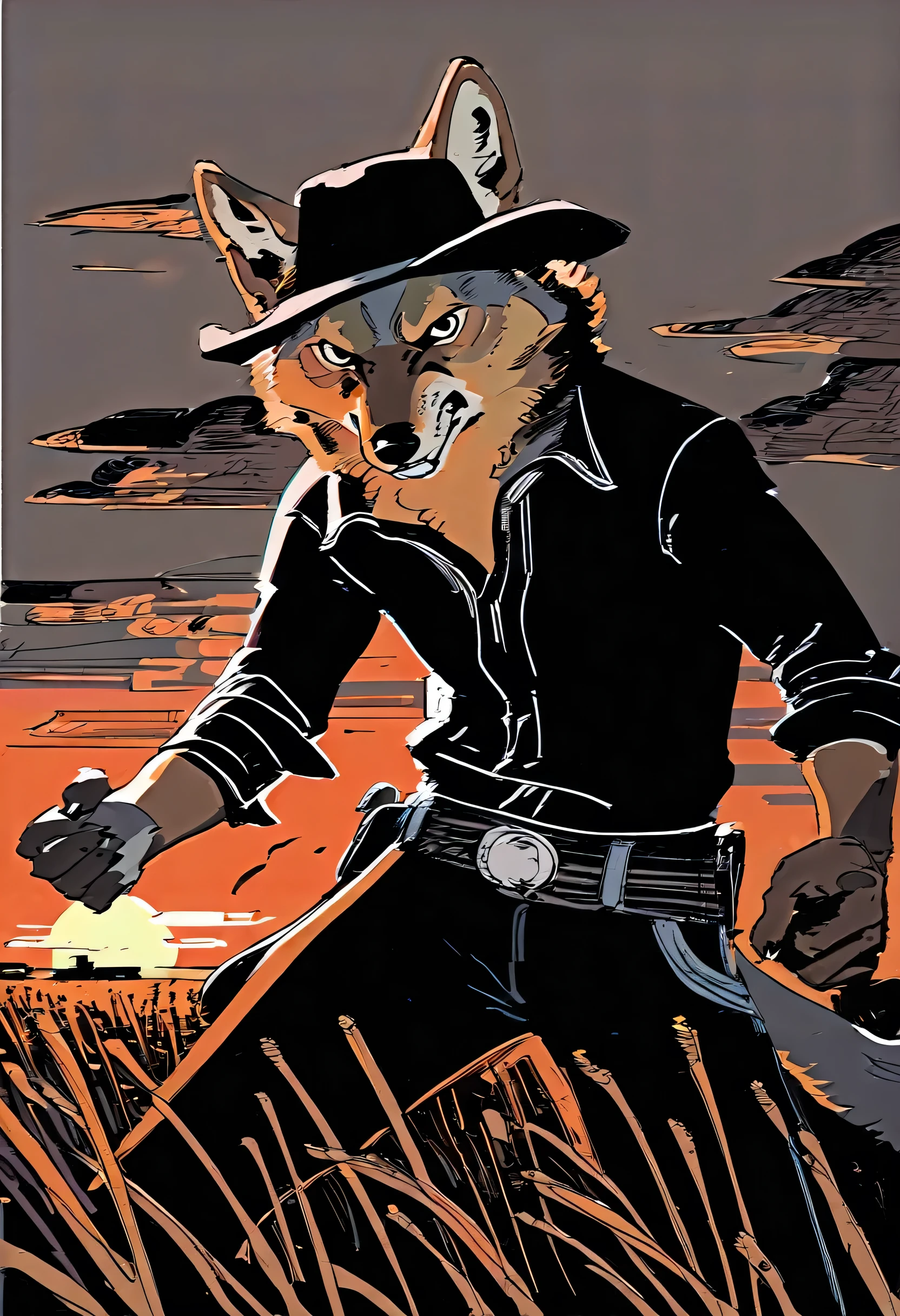 (coyote), solo, male, (anthro), ((by seyorrol)), (flat colors), (dry prairie background, dusk), (masterpiece, high quality, 8k, ultra HD, absurd res, top quality, best quality, max quality), ((realistic eyes, perfect eyes)), (dynamic lighting), ((cowboy, black clothing)), (menacing pose), ((perfect hands)), angry,