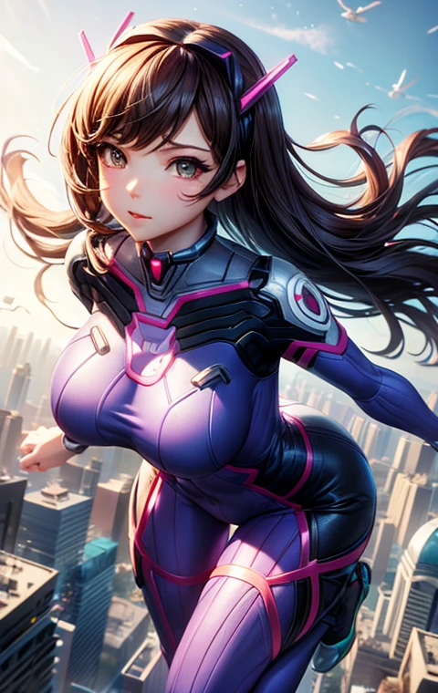 Dva from overwatch is flying over the city in her sexy skintight purple jumpsuit. Although she only learned how to fly recently, she loves it and now spends most of her time in the air. She is atractive and sexy, she also has large breasts that help her fly. Now, she is flirtatiously showing off her power by levitating over the city. undefined, undefined, undefined, gently floating, levitation, flying