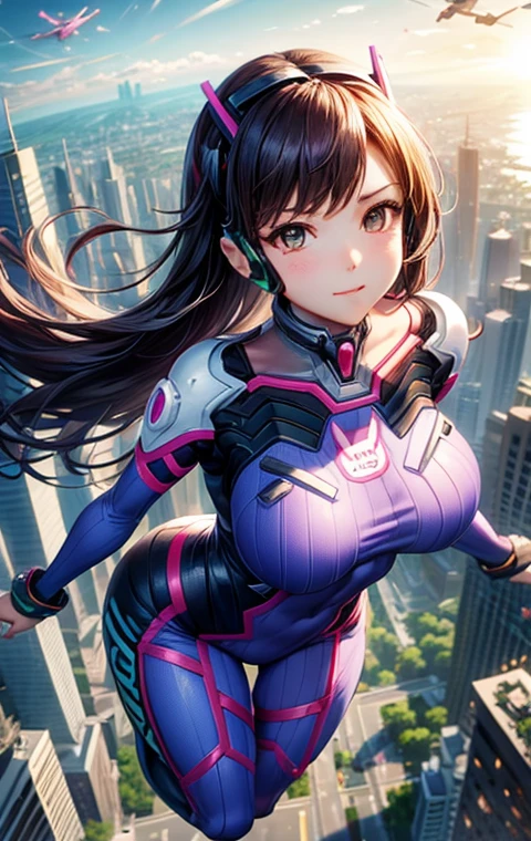 Dva from overwatch is flying over the city in her sexy skintight purple jumpsuit. Although she only learned how to fly recently, she loves it and now spends most of her time in the air. She is atractive and sexy, she also has large breasts that help her fly. Now, she is flirtatiously showing off her power by levitating over the city. undefined, undefined, undefined, gently floating, levitation, flying