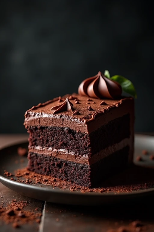 cinematic film still chocolate, chocolate cake, dark background, quality photo, moist texture, frosting, studio photo, slice . shallow depth of field, vignette, highly detailed, high budget, bokeh, cinemascope, moody, epic, gorgeous, film grain, grainy