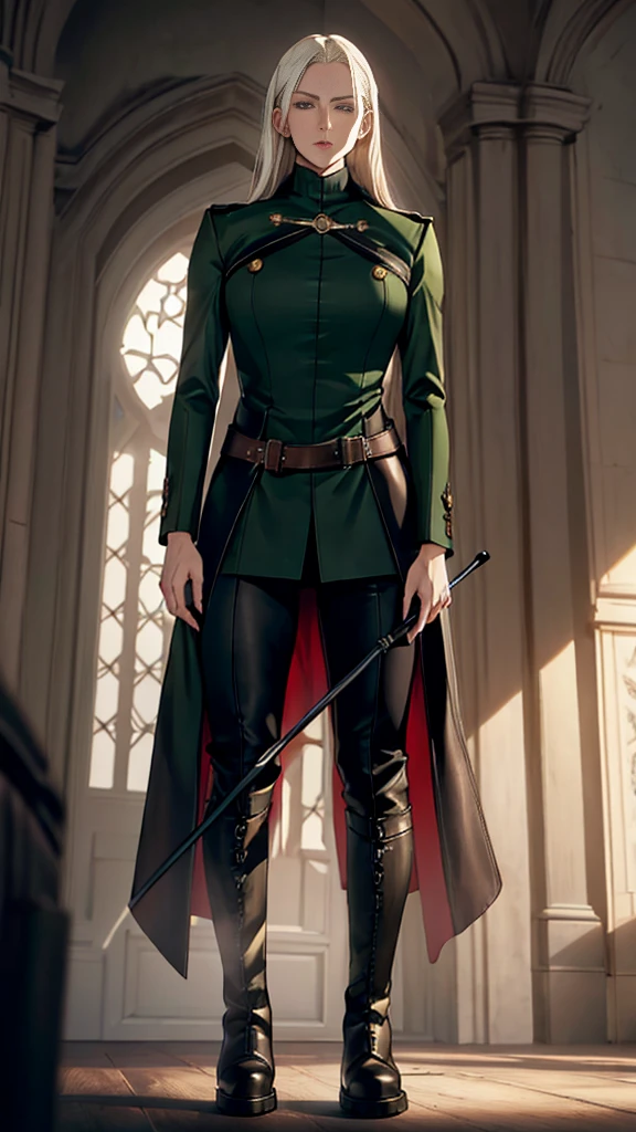 A woman with long platinum blonde hair, choppy bangs, arched crescent eyebrows, sharp and determined eyes, a delicate oval face, a serious expression, a fantasy-style dark green military coat, draped with a dark red cloak, military trousers, (leather knee-high combat boots:1.2), silver greaves leggings, standing in a spacious training ground, this character embodies a finely crafted fantasy-style female military officer in anime style, exquisite and mature manga art style, pale skin, high definition, best quality, highres, ultra-detailed, ultra-fine painting, extremely delicate, professional, perfect body proportions, golden ratio, anatomically correct, symmetrical face, extremely detailed eyes and face, high quality eyes, creativity, RAW photo, UHD, 32k, Natural light, cinematic lighting, masterpiece-anatomy-perfect, masterpiece:1.5, (holding riding crop:1.1)