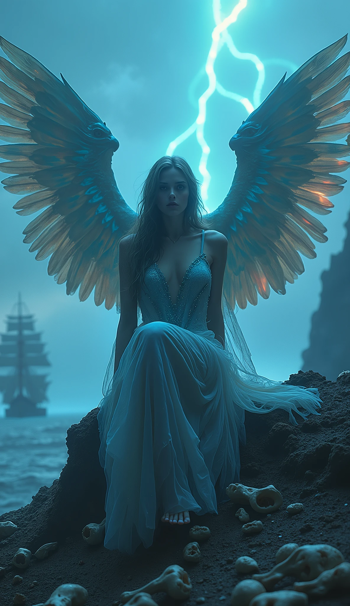 1girl, mysterious opera singer with eagle body, alone, peacock wing wings, holographic fallen angel, absurdist aesthetics, siren possession, beautiful singing voice echoing, sitting on rock gazing at (sailing ship), mountain of bones stage, holographic gothic fantasy, ARW, (best quality,4K,8k,highres,masterpiece:1.2),ultra-detailed,(realistic,photorealistic,photo-realistic:1.37),extremely detailed eyes and face,longeyelashes,dramatic lighting,dramatic pose,moody atmosphere,rainbow colors, Transparent blue coating, Background with a sailing ship, Bones scattered around, An absurd aesthetic