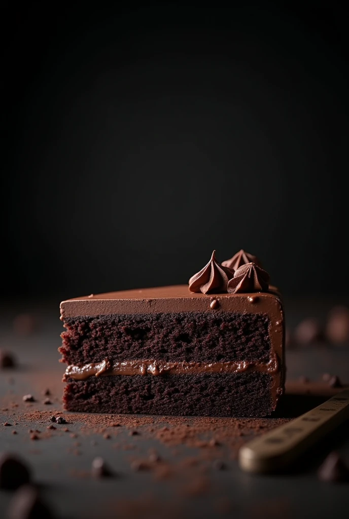 cinematic film still chocolate, chocolate cake, dark background, quality photo, moist texture, frosting, studio photo, slice . shallow depth of field, vignette, highly detailed, high budget, bokeh, cinemascope, moody, epic, gorgeous, film grain, grainy